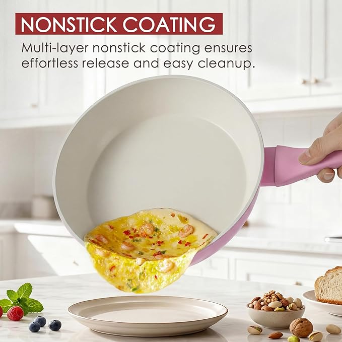 Kikcoin Pots and Pans Set Non Stick 31 Piece Kitchen Nonstick Cooking Cookware Sets with Grill Pan Saucepan Baking Sheet Utensil, Pink