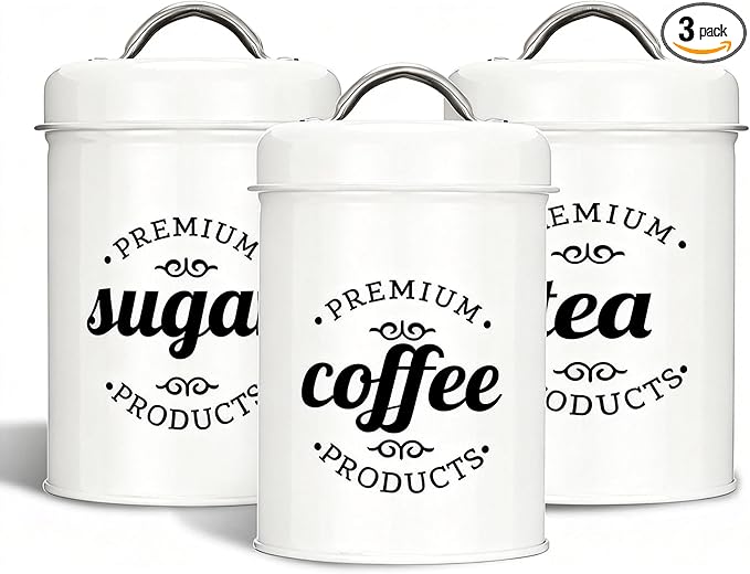 3 Piece Food Jars Canisters Sets, Airtight Coffee Container, Tea Organizer, And Sugar Canister, Rustic Farmhouse Decor for Kitchen Countertop (White)