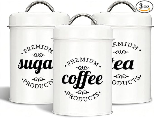 3 Piece Food Jars Canisters Sets, Airtight Coffee Container, Tea Organizer, And Sugar Canister, Rustic Farmhouse Decor for Kitchen Countertop (White)