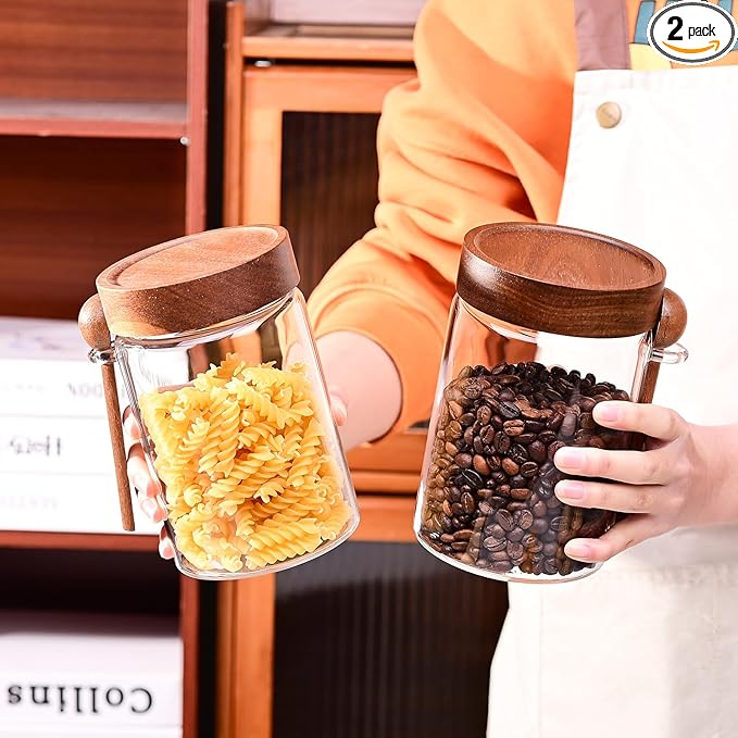SAIOOL 30 oz (2-Pack) High Borosilicate Glass Food Storage Containers with Spoons, Airtight Screw-Tight Lid for Kitchen Pantry - Dry Food, Coffee,Tea,Snacks, Flour Canisters, High Transparency