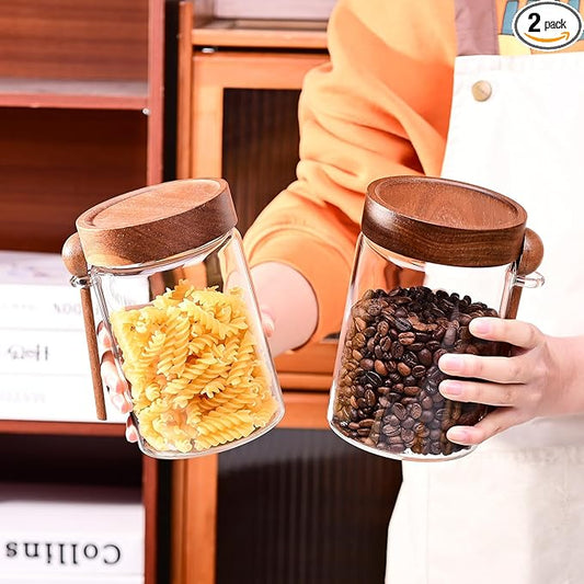 SAIOOL 30 oz (2-Pack) High Borosilicate Glass Food Storage Containers with Spoons, Airtight Screw-Tight Lid for Kitchen Pantry - Dry Food, Coffee,Tea,Snacks, Flour Canisters, High Transparency