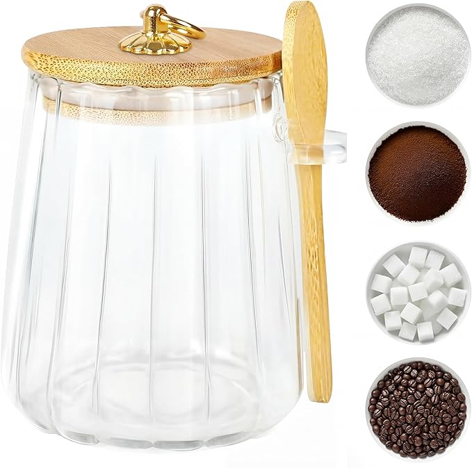 holoith Sugar Jar with Lid and Spoon,24oz Large Glass Spice Jars for Coffee Bar Decor Accessories Food Storage Containers Home Essentials