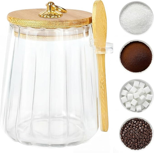 holoith Sugar Jar with Lid and Spoon,24oz Large Glass Spice Jars for Coffee Bar Decor Accessories Food Storage Containers Home Essentials