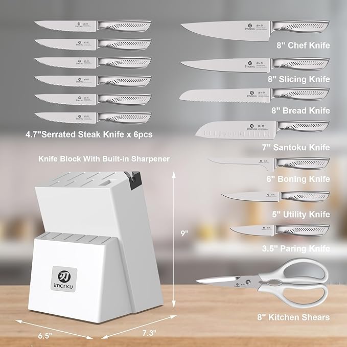 imarku 15-Piece Knife Set with Block, High Carbon Stainless Steel Kitchen Knives with Built-in Sharpener, Dishwasher Safe, Ergonomic Non-Slip Handle, Perfect for Home Cooks & Chefs, White