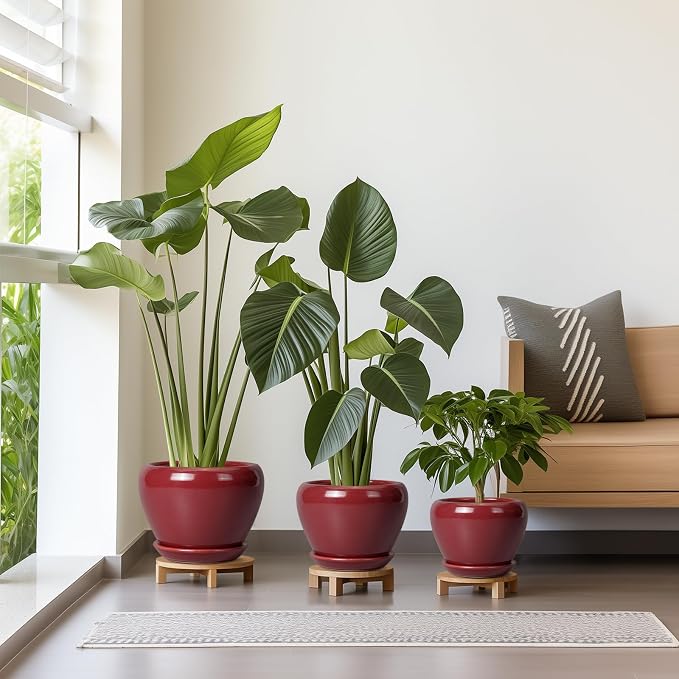 Ceramic Pots for Plants - 10 Inch 8 Inch 6 Inch Plant Pots with Drainage Holes and Saucers Large Planters for Indoor Plants Decorative Outdoor Flower Pots Set of 3 Red