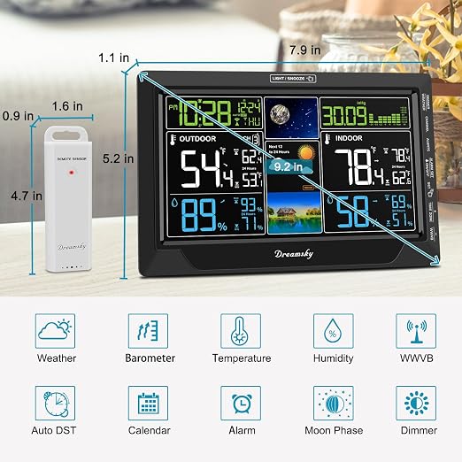 DreamSky Weather Station Indoor Outdoor Thermometer Wireless, Atomic Clock | Digital Large Colorful Display with Brightness Dimmer, Inside Outside Temperature Humidity Monitor for Home (Plug-in)