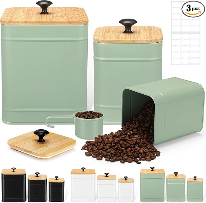 Tioncy Kitchen Canisters for Countertop Set of 3 Metal Canisters Sets with Bamboo Lids Spoon Airtight High Capacity Coffee Tea Sugar Flour Jars with DIY Labels Farmhouse Food Storage(Green,L,M,S)