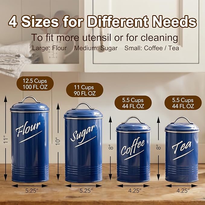 Hillbond Kitchen Canister Set of 4, Airtight Stainless Steel Food Storage Containers with Lids, Flour Sugar Coffee Tea Canisters for Countertop, Metal Kitchen Storage Jars, Navy Blue