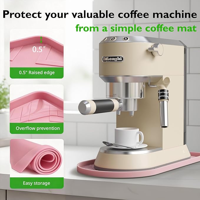 Silicone Coffee Mat,15.8"x 11.8"in Bar Mat for Countertop,Heat-Resistant,Non-Slip,Leak-Proof,Fit for Coffee Maker/Espresso Machine-Pink