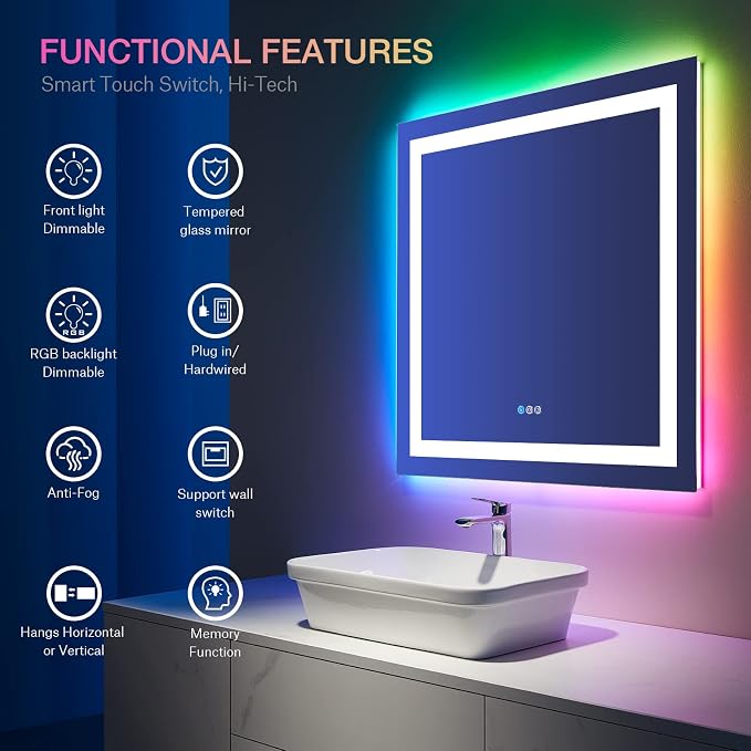 LOAAO 36"X36" RGB LED Bathroom Mirror with Lights, Anti-Fog, Dimmable, Lighted Bathroom Vanity Mirror, Multiple Light Modes, RGB Backlit + Front Light, Memory Function, Tempered Glass, ETL Listed