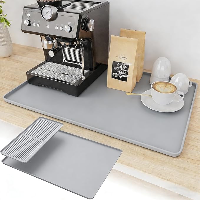 2-in-1 Coffee Mat & Dish Drying Mat Coffee Bar Mats for Countertop Coffees Matt for Counter Silicone Coffees Espresso Machine Station Mats Under coffe Maker Spill Matt Countertops Pot 24×16inch-Gray