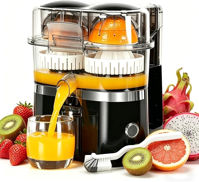 Dual-Head Automatic Citrus Juicer Electric Orange Lemon Lime Press Squeezer Machine for Fresh Juice Home Kitchen Mini Fruit Juice Extractor Easy Clean (Black)