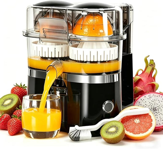 Dual-Head Automatic Citrus Juicer Electric Orange Lemon Lime Press Squeezer Machine for Fresh Juice Home Kitchen Mini Fruit Juice Extractor Easy Clean (Black)