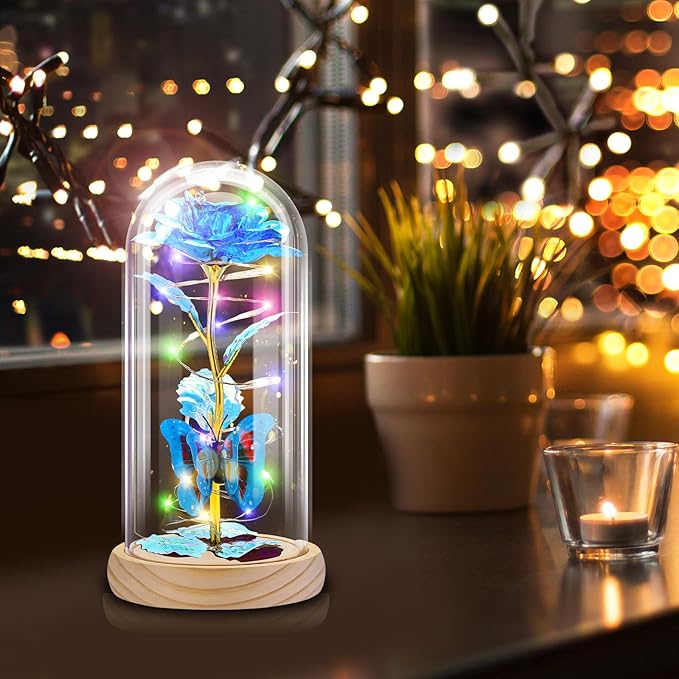 Otlonpe Preserved Forever Mothers Day Flower Gifts for Mom, Glass Rose Wood Base Colorful Light Butterfly Gifts for Women Grandma Girlfriend Wife Her, Valentines Mothers Day Christmas Birthday