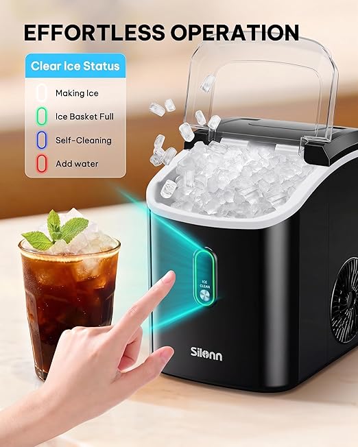 Silonn Nugget Ice Maker Countertop, Pellet Ice Machine with Self-Cleaning Function, Sonic Ice Maker Produces 36lbs of Chewable Ice in 24 Hours, Ideal for Home Kitchen and Office (Black)
