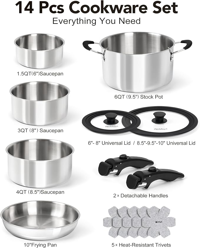 Michelangelo 14pcs Tri-Ply Stainless Steel Cookware Set with Detachable Handle, Induction Kitchen Cookware Set, Oven Safe Pots and Pans, Stackable RV/Camping Cookware