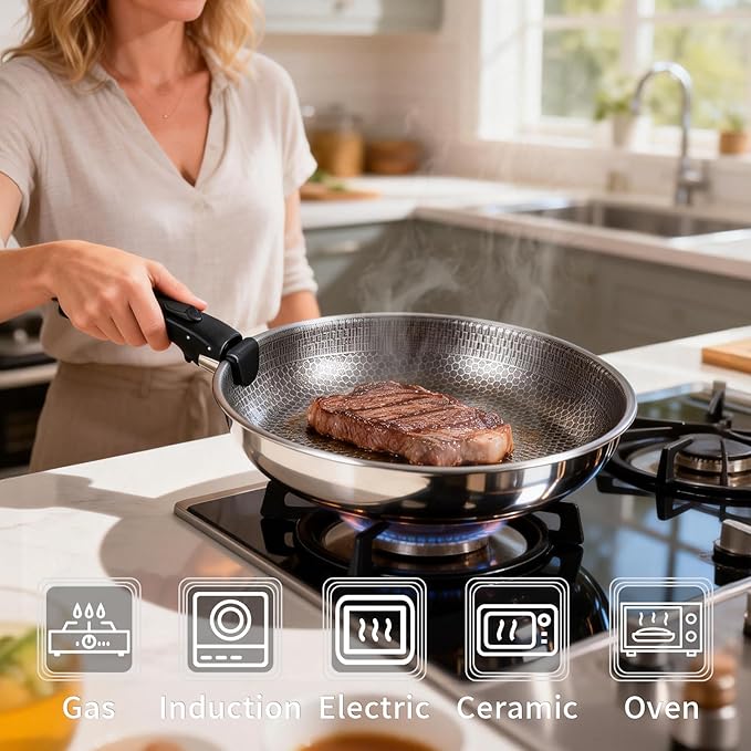 3-Piece Stainless Steel Frying Pan Set, 10”/11”/12.5”Stackable Kitchen Cookware Set with Detachable Handle, Oven Safe Cooking Pan, Suitable for All Stove