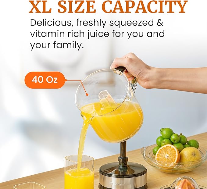Elite Gourmet ETS047 BPA-Free 40-Watt Electric Citrus Juicer with 2 Cones, Compact, Large Volume, Pulp Control, Oranges, Lemons, Limes, Grapefruits with Easy Pour Spout, 1.2L, Black/Stainless Steel