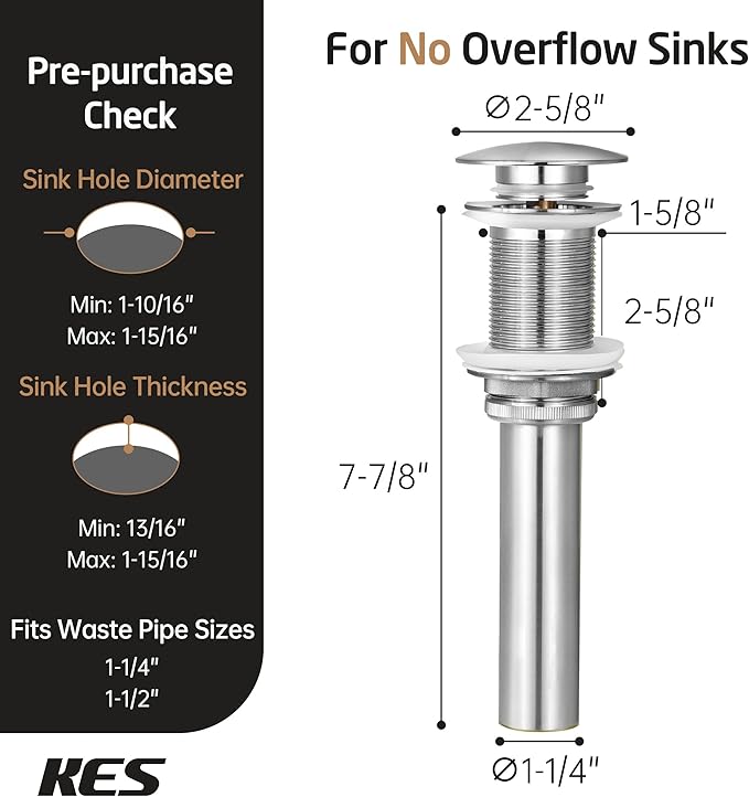 KES Bathroom Sink Drain Without Overflow, Brushed Nickel Pop Up Drain Vessel Vanity Sink Stopper 2 Pack, All Metal Rustproof Brass and 304 Stainless Steel, for 1.6"-1.9" Sink Hole, S2008D-BN-P2