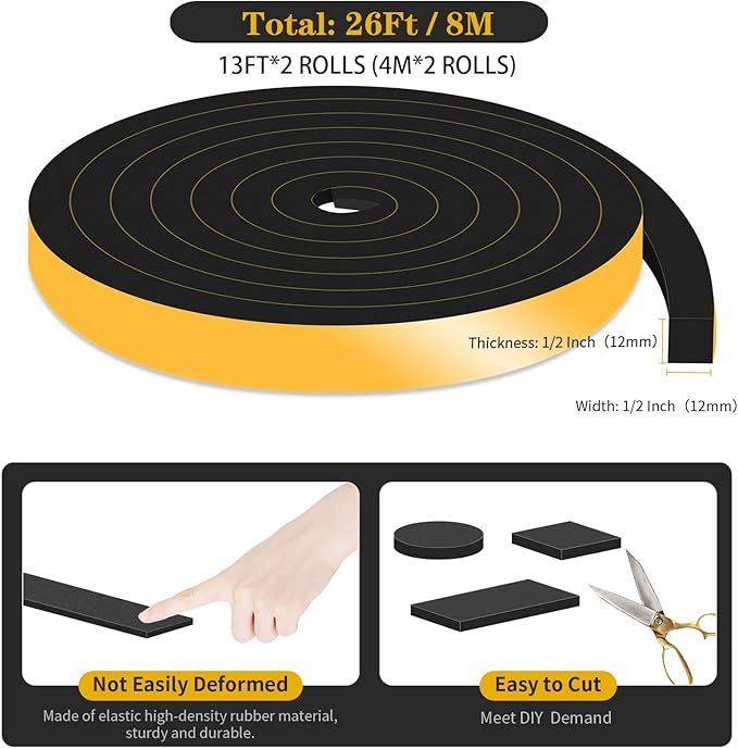Weather Stripping Door Seal,Weather Stripping,Soundproof,Cold Insulation,High Density CR Foam Insulation Tape for Door, Front Door Frame, Windows,Sliding Door (Black, 1/2 in x 1/2 in x 26Ft)