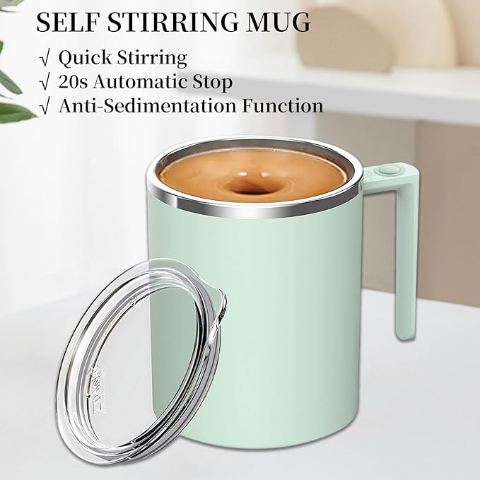 Self Stirring Mug, 12.2 oz Self Stirring Coffee Mug with Magnetic Stirrer & Anti-Sedimentation, Rechargeable Auto Magnetic Coffee Mug for Coffee, Milk, Hot Cocoa (Green)