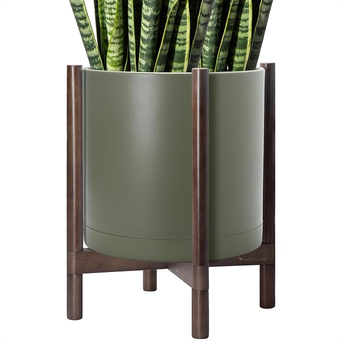 D'vine Dev Plastic Pot with Walnut Wood Stand, Olive, 16 in, 55-C-X-3 | Mid-Century Inspired Design, Elevated Plant Display, Clean Lines, Sturdy Support, Modern Space-Saving Style