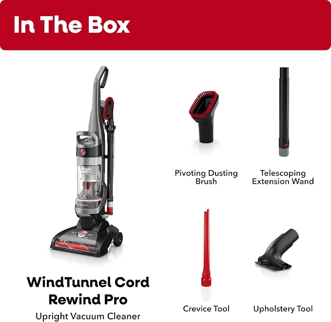 Hoover WindTunnel Cord Rewind Pro Bagless Vacuum Cleaner, Corded Upright Vacuum Cleaner for Carpet and Hard Floor, Multi-Cyclonic Filtration, 25ft Auto-Rewind Cord, 5-Height Adjustment