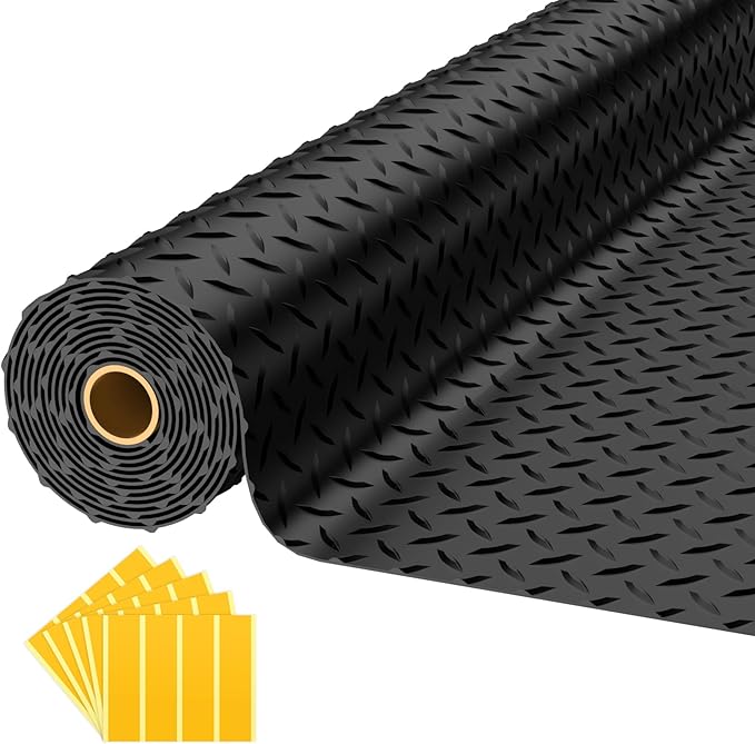 8x20 FT Garage Floor Mat, 2.8mm Thickened PVC Flooring Roll for Under Car, 160 SQFT Diamond Plate Black Garage Mats for Garage, Warehouse, Basement, Gyms, Trailer（Included Tapes）