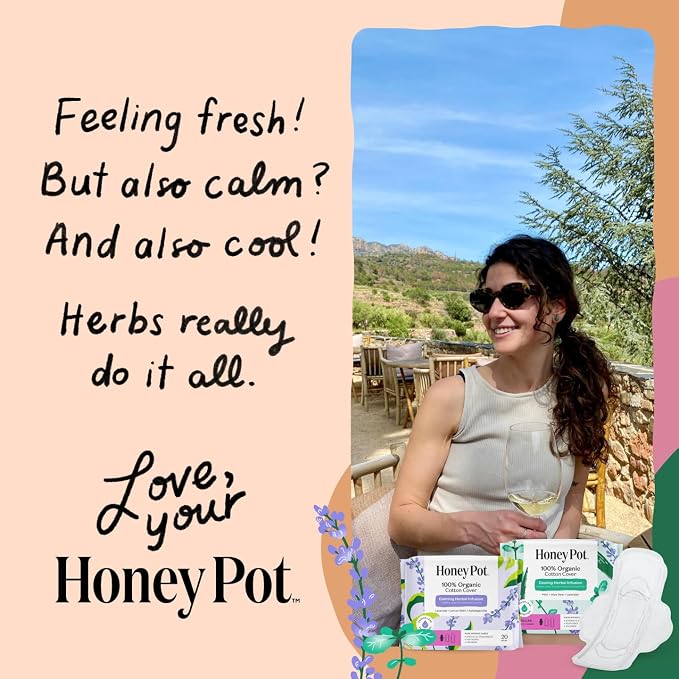 The Honey Pot Company - Calming - Regular Pads for Women | 100% Organic Cotton Cover - Calming Herbs of Lavender, Ashwagandha, & Lemon Balm - Pads w/Wings - Feminine Care - 20ct
