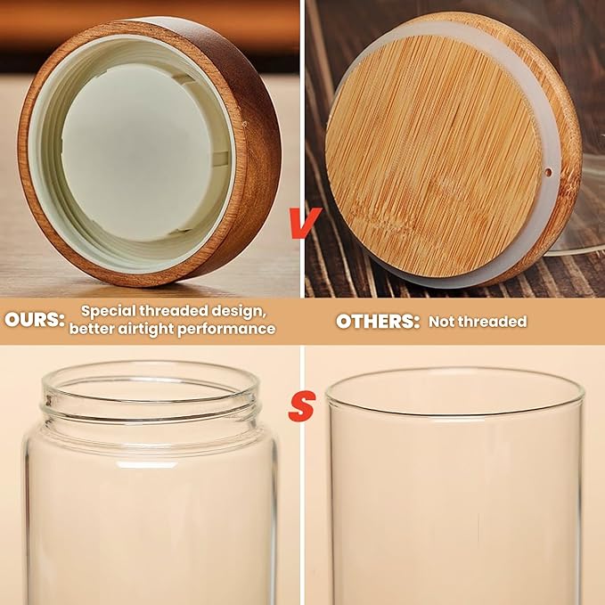 Set of 2 Glass Food Storage Jars, Premium Clear Glass Container Jar with Airtight Wooden Screw-on Lid, Kitchen Canisters for Coffee,Tea,Pasta,Cookies, Nuts,Spice,Candy,Overnight Oatmeal