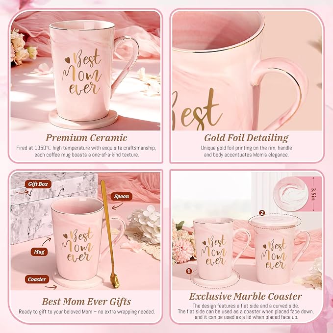 YHRJWN Mothers Day Gifts for Mom, Best Mom Ever Coffee Mug, Mom Mothers Day Gifts from Daughter Son, Moms Gift Idea for Birthday, Valentines Day, Present for Moms Mothers, 14 Oz Pink