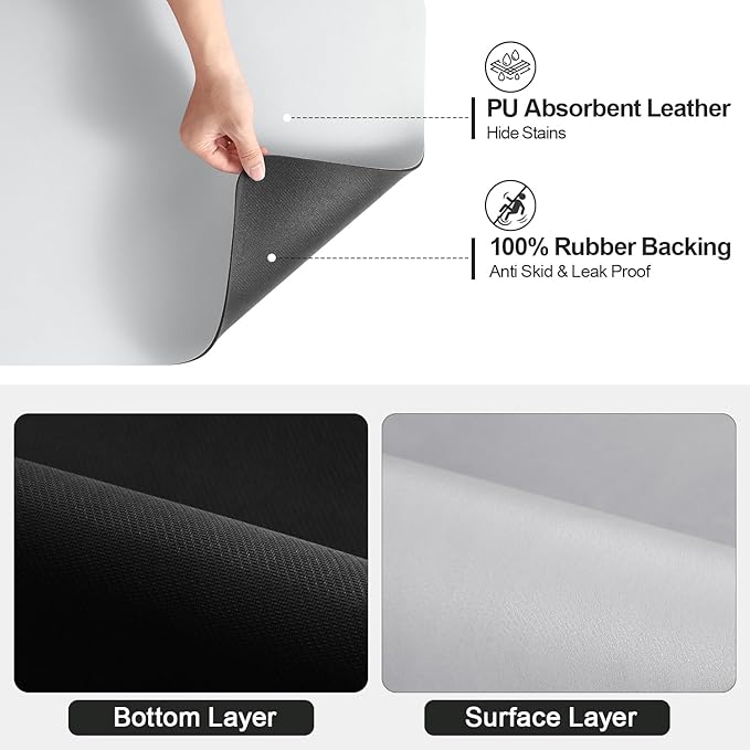 Ecotrim Absorbent Coffee Mat , Stain Hiding PU Leather Surface, Non-Slip Natural Rubber Backing, Quick Dry Mat for Espresso Machine, Kitchen Counter ,Light Grey | 12" x 19"