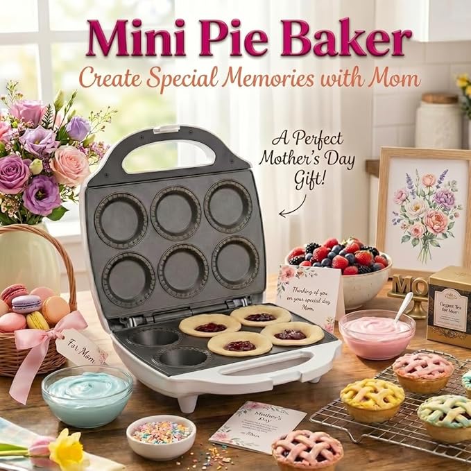 Mini Pie & Quiche Maker- Electric Baker Cooks 6 Small Quiches or Pies in Minutes- Dough Cutting Circle Easy Measurement- Better than Tin Pans- Baking Dessert Gift for Her, Summer Brunch Must Have