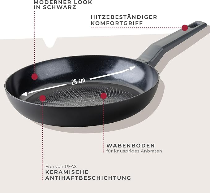 Fackelmann STATEMENT 28cm Frying Pan, Recycled Aluminium, Non-Stick PFAS Free Ceramic Coating, Honeycomb Base Structure, Comfort Grip Handle, All Stoves Including Induction, 46.5x28x4.5cm, Ash Grey