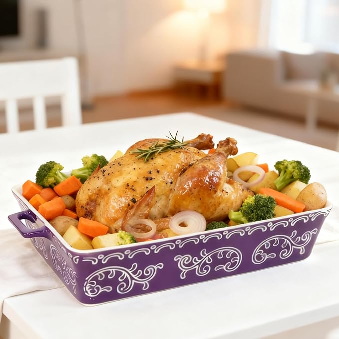 Domini Casserole Dishes for Oven, Ceramic Baking Dishes for Oven Set of 3, Lasagna Pan Deep, Baking Pan Set Square Casserole Dish Set with Handles for Baking, Pattern Purple(14.6+11.4+8.5inch)Christmas