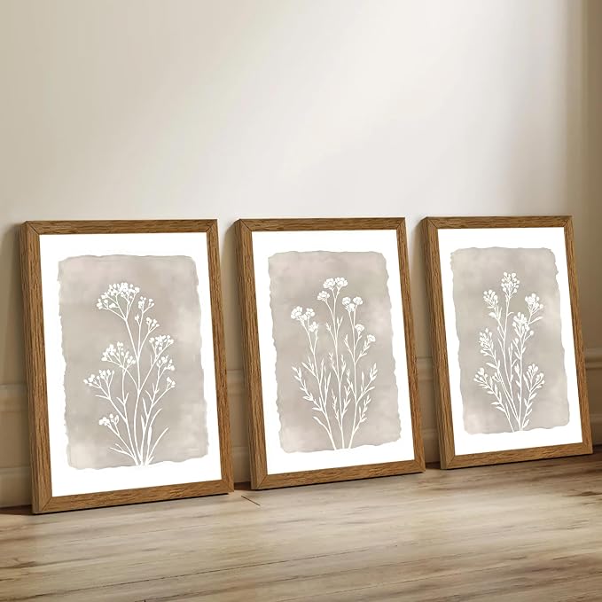 JLTULT 3 Piece Boho Beige Floral Wall Art, Minimalist Line Botanical Flower Wall Decor, Vintage Rustic Wildflower Art Prints for Living Room Bedroom Office Farmhouse Decoration 20x30 in Ready to Hang