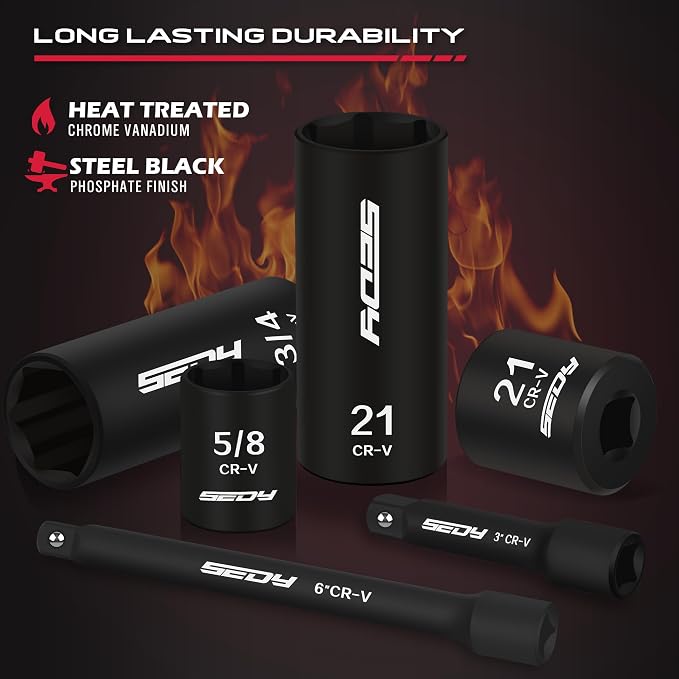 3/8" Drive Impact Socket Set - 49-Piece SAE (5/16 to 3/4 inch) and Metric (8-22mm) Sizes with Extension Bars and Universal Joint Standard & Deep CR-V Material for High Durability Impact Wrench
