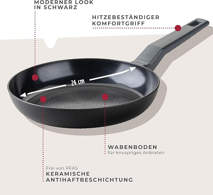 Fackelmann STATEMENT 24cm Frying Pan, Recycled Aluminium, Non-Stick PFAS Free Ceramic Coating, Honeycomb Base Structure, Comfort Grip Handle, All Stoves Including Induction, 42.5x24x4.3cm, Ash Grey