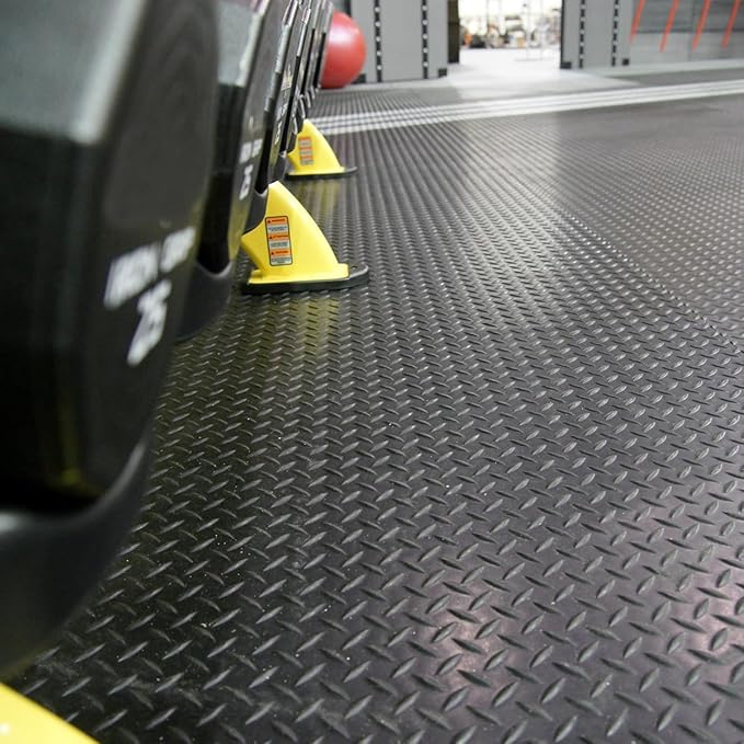 Heavy Duty Diamond-Plate Rubber Flooring Roll, 4' x 14', 1/8" Thick, Waterproof Anti-Slip Floor Mat, Easy to Clean & Install Floor Protector for Garage, Gym, Stable, Basement, Kennel