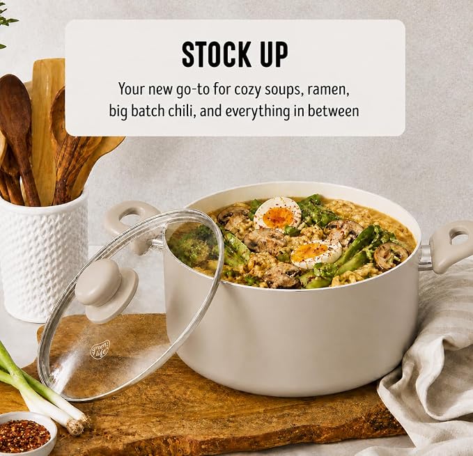 GreenLife 5QT Ceramic Nonstick Stockpot with Lid, Beige Taupe | PFAS-Free Nonstick Coating, Casserole Pot, Soup Pot, Pasta Pot, Induction Ready, All Stovetop Compatible, Dishwasher Safe