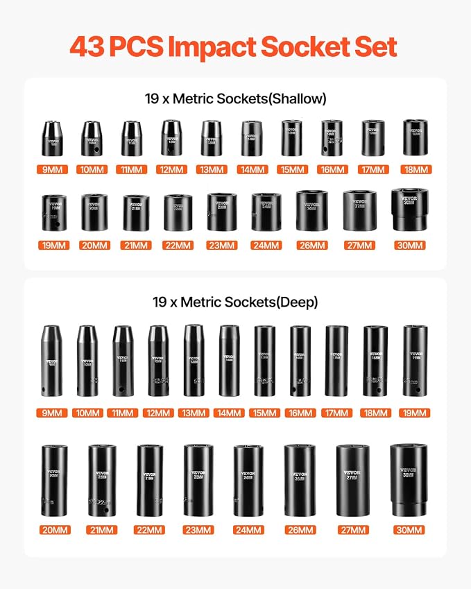 VEVOR Impact Socket Set, 1/2 Inches 43 Piece Impact Sockets, 1/2 Inches Drive Socket Set, High-torque Standard Socket Assortmen with 4 Extension Bars, 6-Point Sockets Metric 9-30mm (Standard/Deep)
