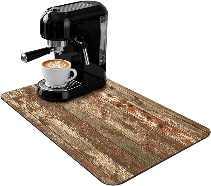 Coffee Mat 32x18 Inch, Wood Grain Coffee Bar Accessories, Absorbent Hide Stain Rubber Backed Dish Drying Mat for Kitchen Counter, Mats for Countertops, Under Coffee Maker Machine Pot Espresso Staion
