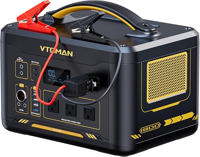 VTOMAN Jump 1800 Portable Power Station &12V Car Jump Starter, 1548Wh LiFePO4 Battery Solar Generator with Jumper Cable, 1800W 3xAC Outlets, 2xPD 100W for Camping Roadside Rescue