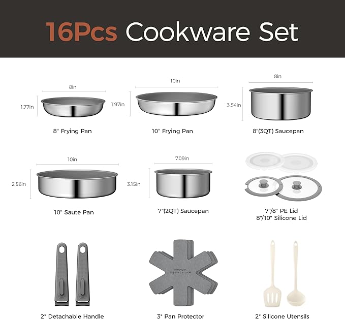 16pcs Nonstick Cookware Set, Diamond-Titanium Ceramic Coating & 3 Layer Stainless Steel Pots and Pans Set with Detachable Handle, Dishwasher Safe, Induction Compatible, Oven Safe, Gray