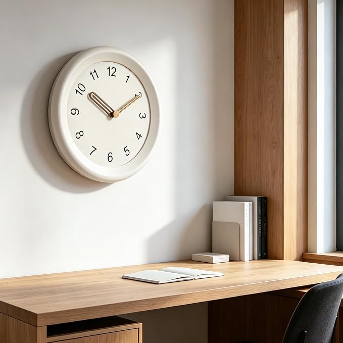 Mosewa 10 Inch White Wall Clock Silent Non-Ticking Quartz Battery Operated Analog Clock with Wood Hands, Easy to Read Minimalist Round Clock for Kitchen Living Room Bedroom Office