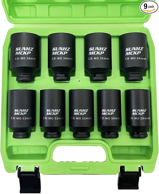 SUNKPMCKP 1/2" Drive Deep 6-Point Impact Socket Set, 9-Piece METRIC Spindle Axle Nut Impact Socket Set, Cr-Mo, 29mm - 38mm