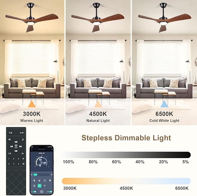 Ceiling Fans with Lights and Remote: 42-Inch Ceiling Fan 3 Blades Low Profile Outdoor - Walnut Ceiling Fans with Remote APP Control Quiet Reversible DC Motor for Patio Living Room