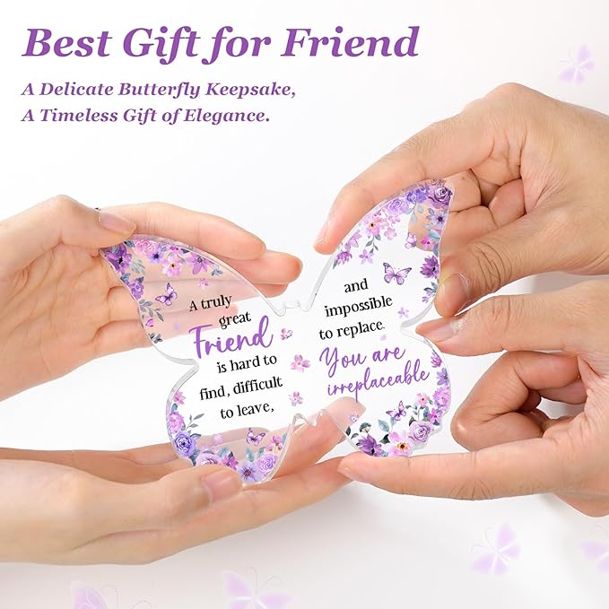 Friend Friendship Gifts for Women, Purple Butterfly Acrylic Plaque Desk Decor, Gifts for Friends Women Unique, Bestie Best Friendship Female Present, 5 x 3.8 x 0.5 inches