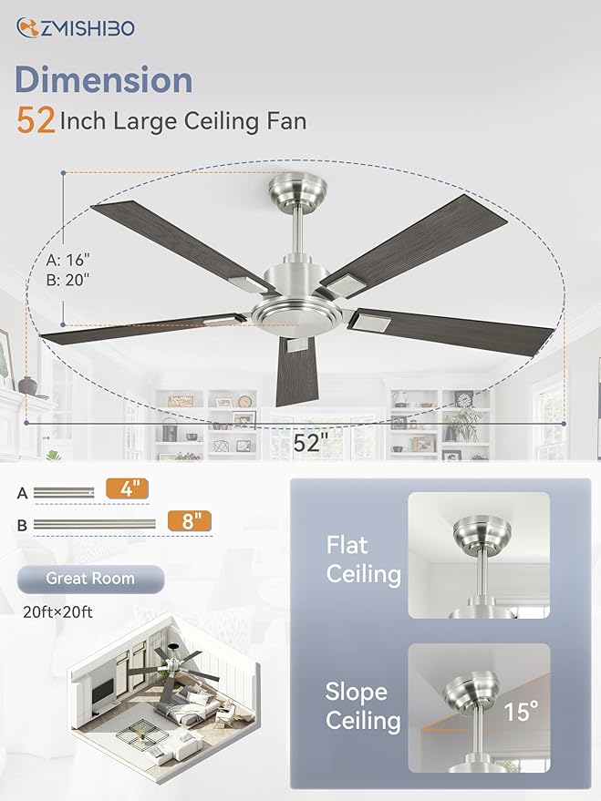 ZMISHIBO 52 Inch Ceiling Fan No Light with Remote Modern Nickel Ceiling Fan with Quiet Reversible DC Motor, 6-Speeds 5 Blades, Indoor/Outdoor Ceiling Fans Without Light for Patios, Living Room, Garage