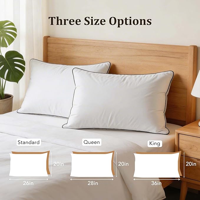 Hotel Collection Down Bed Pillows Standard Size Set of 2, Breathable Cotton Blend Shell Cover,Medium Firm, Down Fiber Pillows for Sleeping - Soft Support for Back